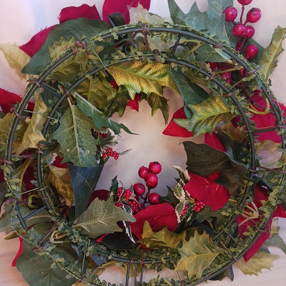 Poinsettia Berry Christmas Wreath 14 Inch Holiday Door Faux Flowers